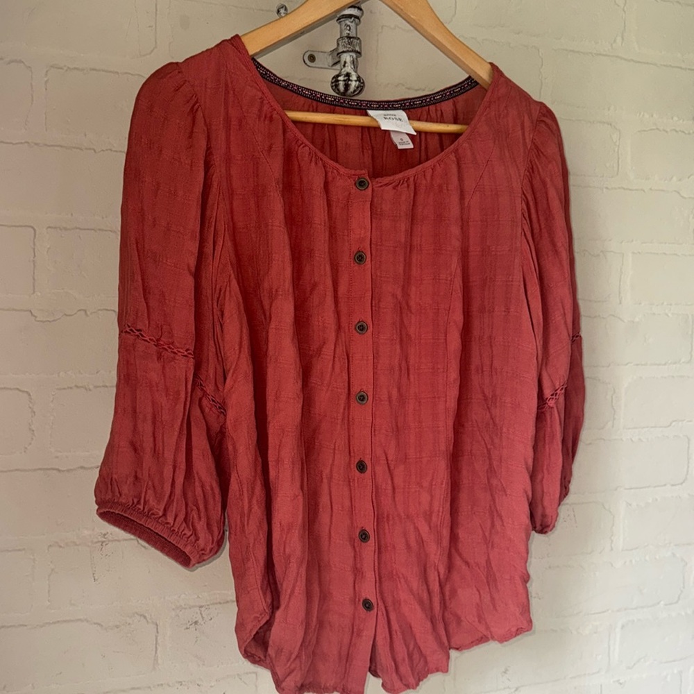 Women's Red Button-Up Top Knox rose rusty color small peasant button down boho